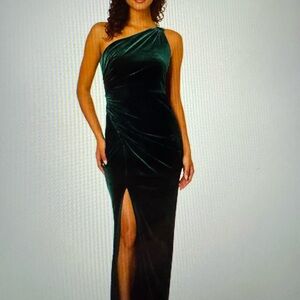 Adrianna Papell One-Shoulder Dark Green Velvet Dress